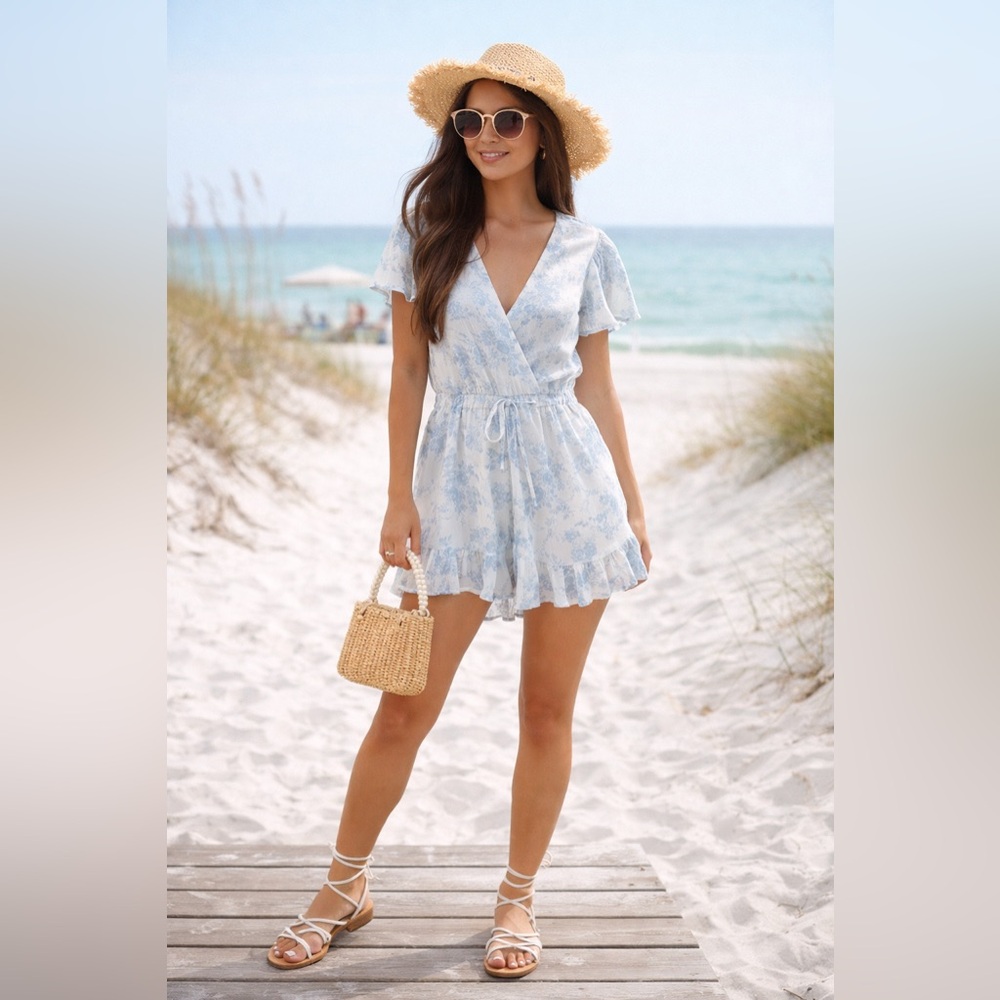 Mi Amie Blue Floral Romper XS Flutter Sleeve Beachy Summer